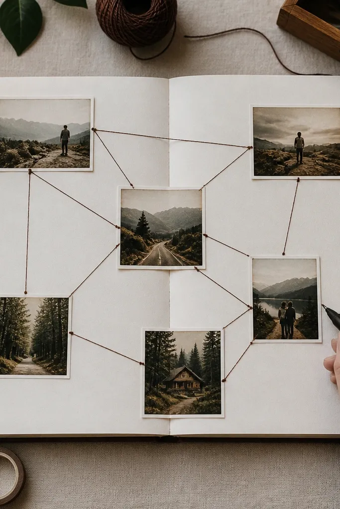 A scrapbook page with photos and faux stitch lines drawn with thread-like marker between sections