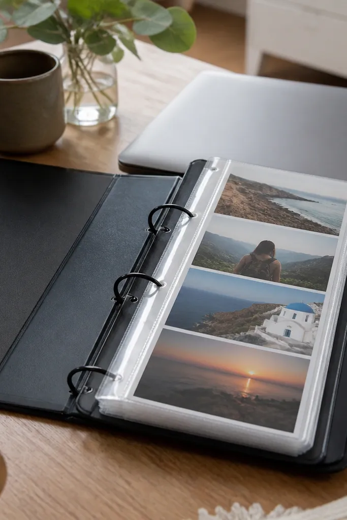A ring binder with clear flip sleeves where photos flip like a mini book