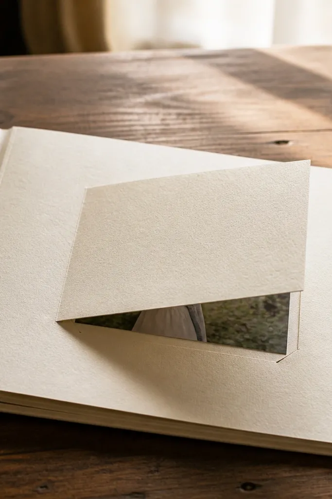 A scrapbook page with a fold-out pocket hiding a behind a neat cover flap