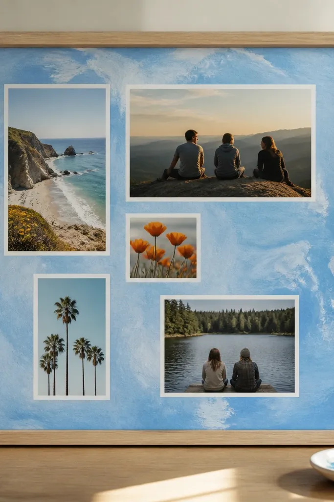A painted paper background with window cutouts showing photos framed by clean edges
