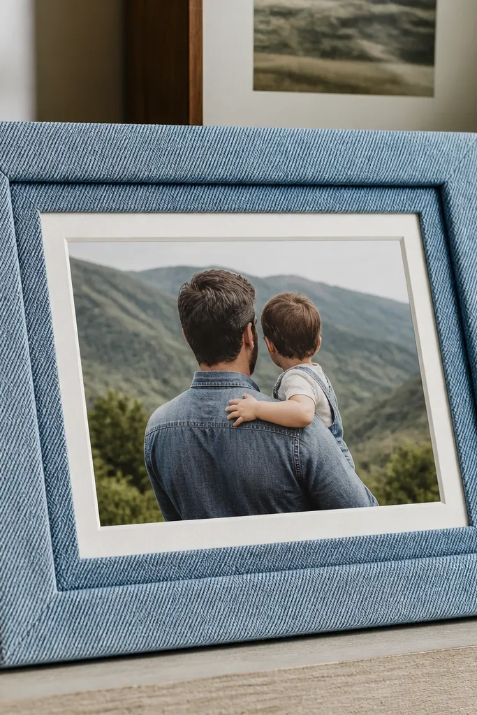 A denim fabric frame mat with inserts and neat stitched-looking borders