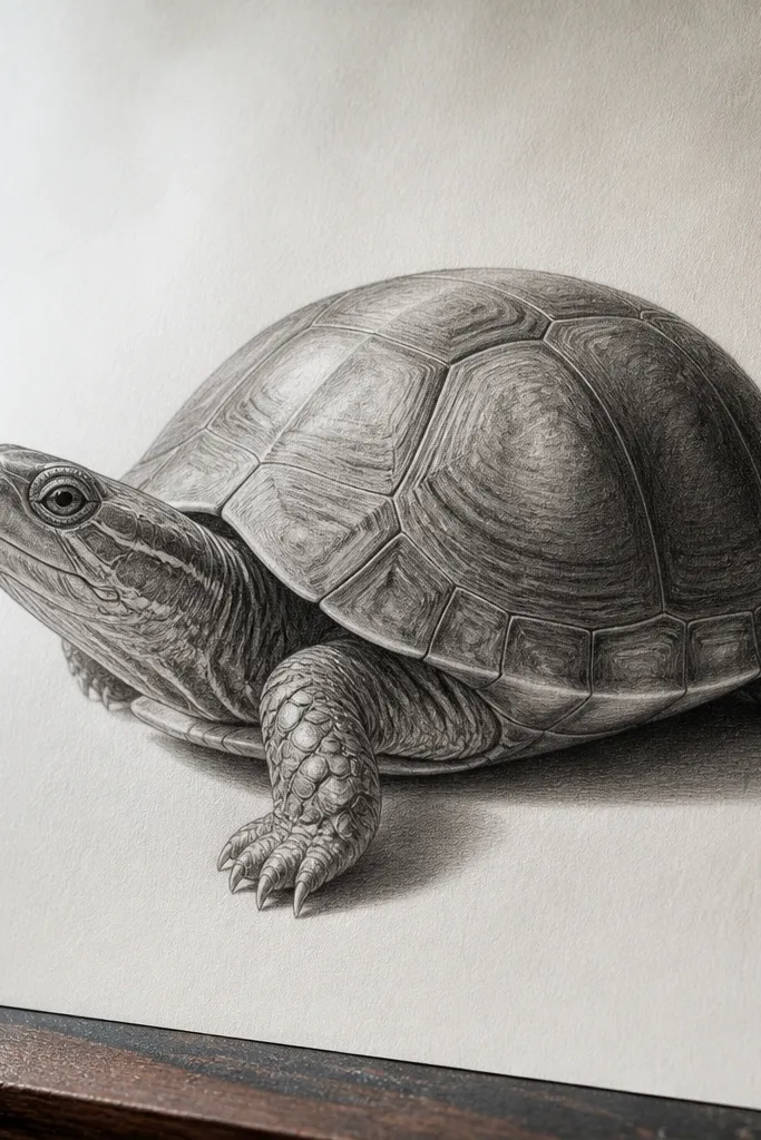 Realistic turtle shell with soft rim light, shaded in graphite on white paper
