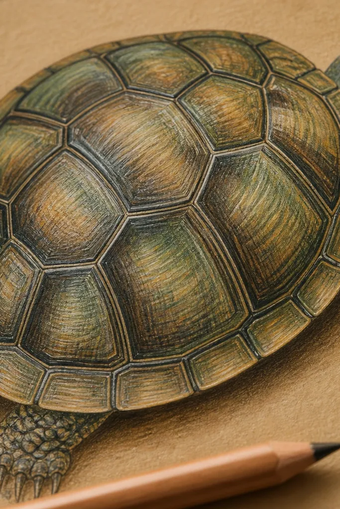 Turtle shell with detailed colored pencil plates on warm beige paper