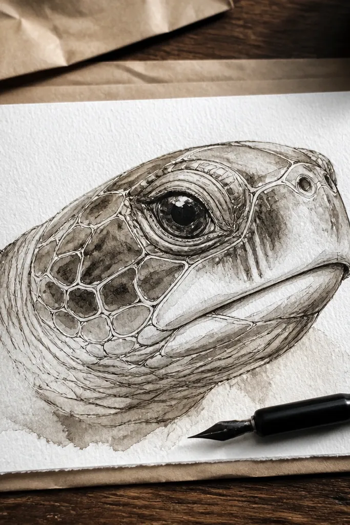 Realistic turtle head with ink linework and light wash shading