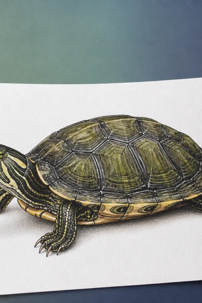 Turtle illustration with marker shading and a smooth monochrome background fade