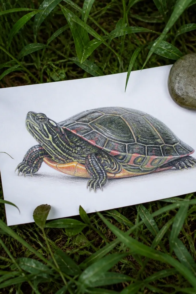 Turtle sitting on detailed grass with subtle wet shine drawn in colored pencil
