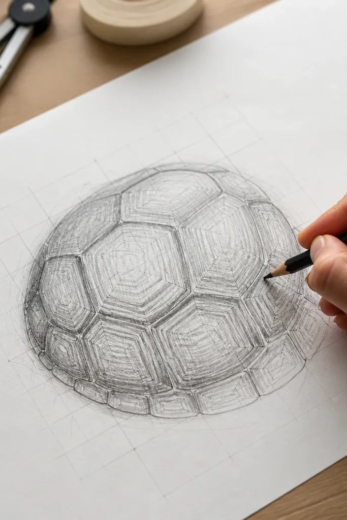 Turtle shell with plate pattern built from a grid then shaded with graphite