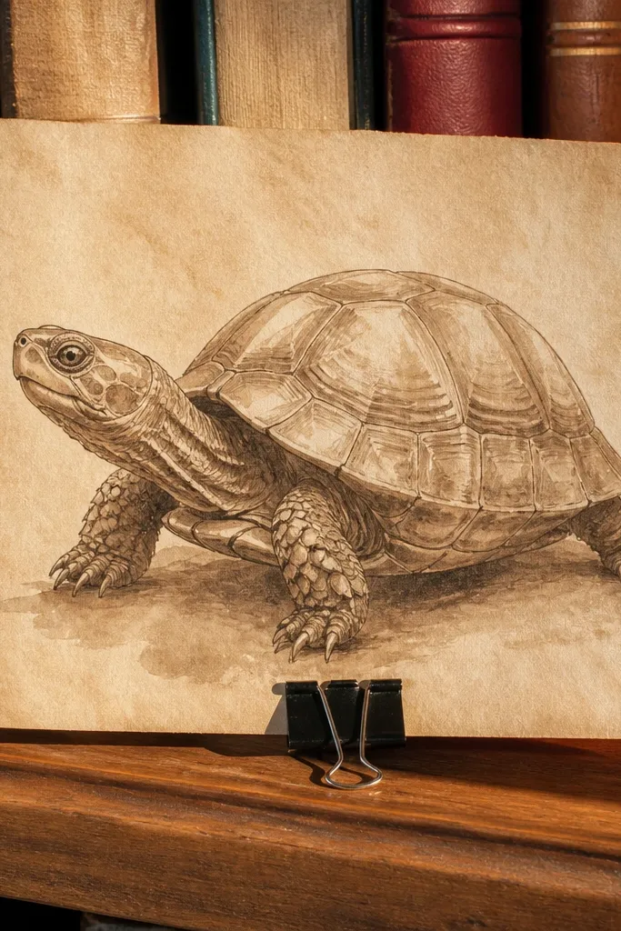 Sepia ink turtle with textured paper background and soft wash shadows