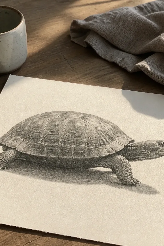 Side profile turtle drawing with strong cast shadow on paper