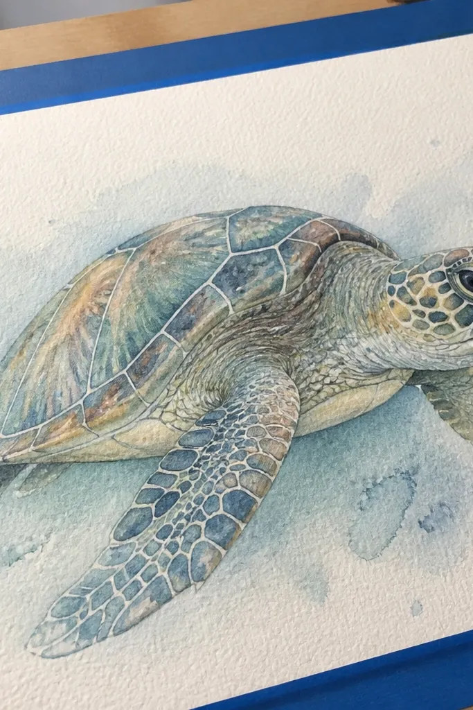 Turtle made with watercolor pencil and soft bleed edges in natural greens
