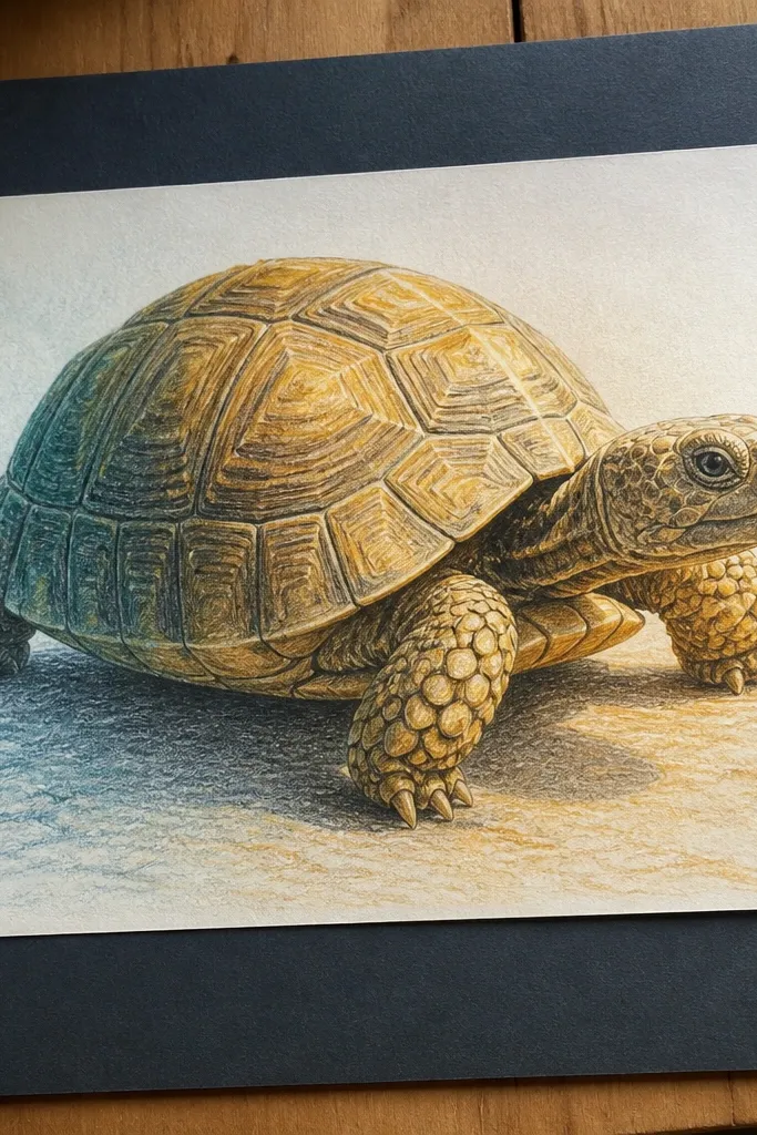 Turtle shell shaded with cool shadow and warm highlight tones in colored pencil