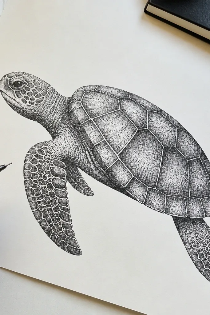 Turtle shell shaded with dot patterns in fine liner ink