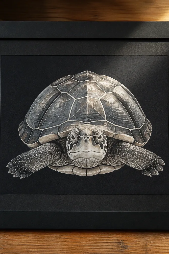 Turtle on black paper with glowing white and muted green ink wash highlights