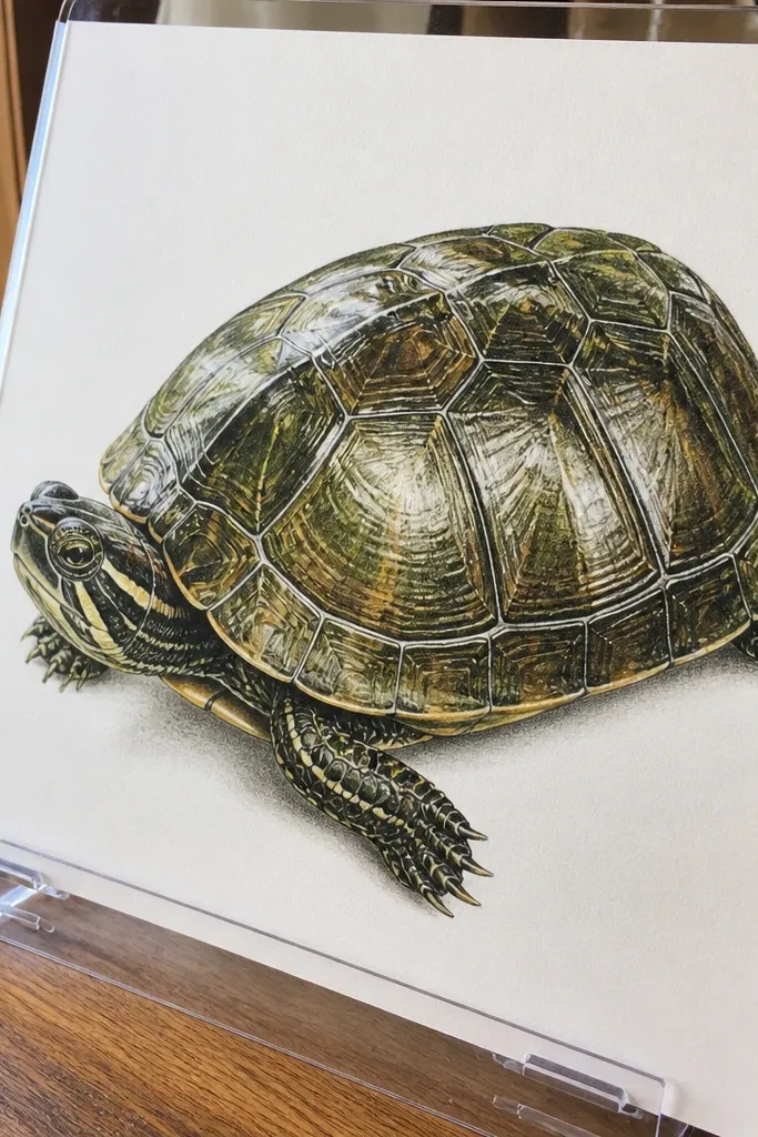 Turtle shell with layered colored pencil giving a glossy, transparent look
