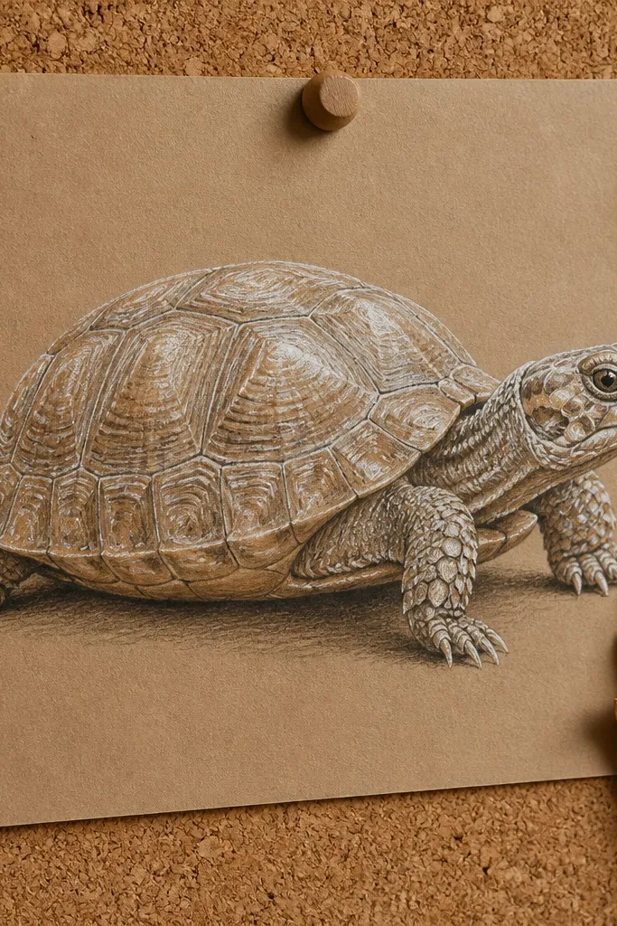 Realistic turtle with frosted shell scutes on kraft paper