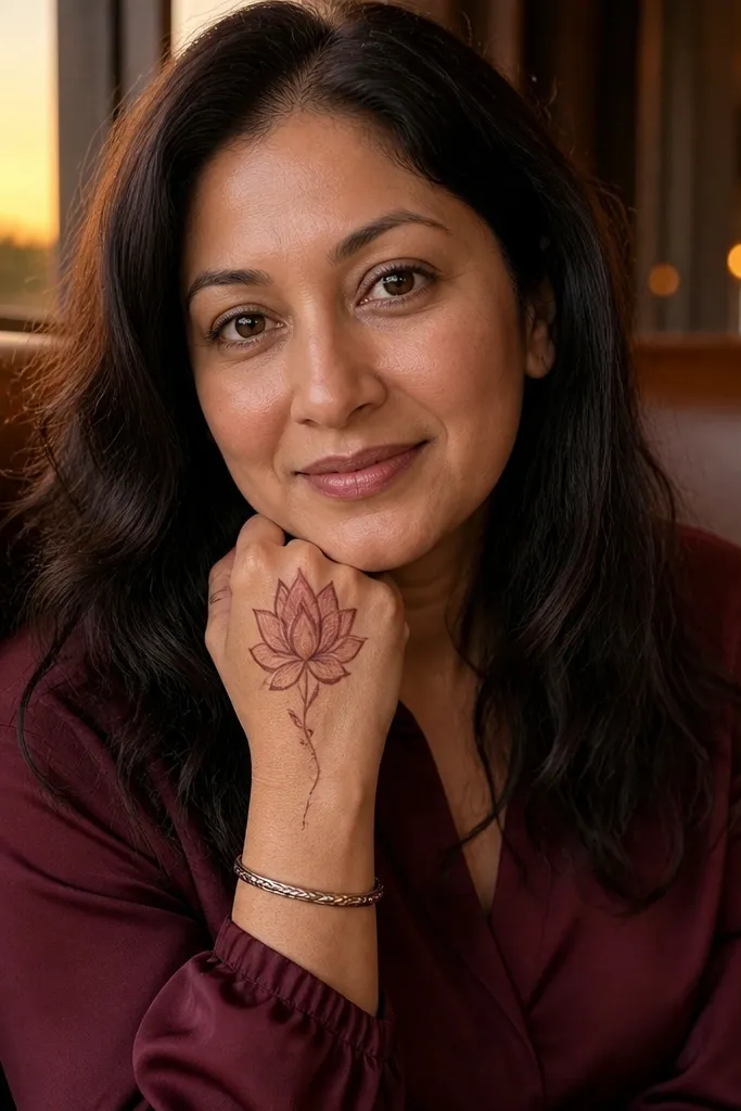 A central lotus with petal layers and a thin drooping vine toward the wrist