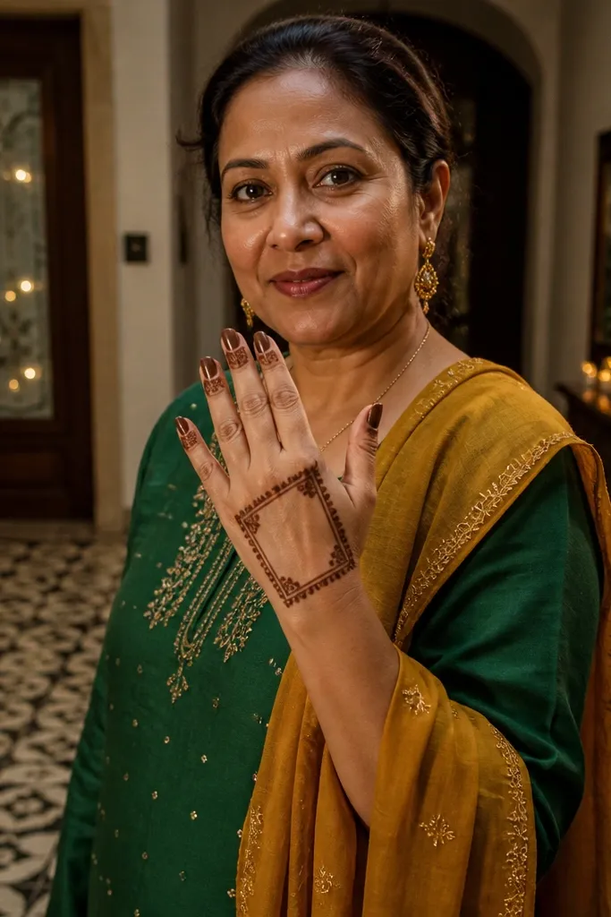 A rangoli-style border frame around the back of the hand with small corner motifs