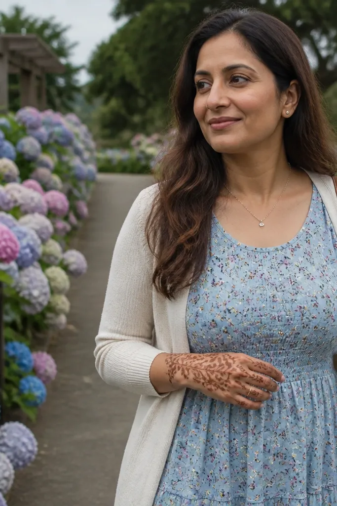Leafy vines with tiny teardrop dots spread across the back of the hand