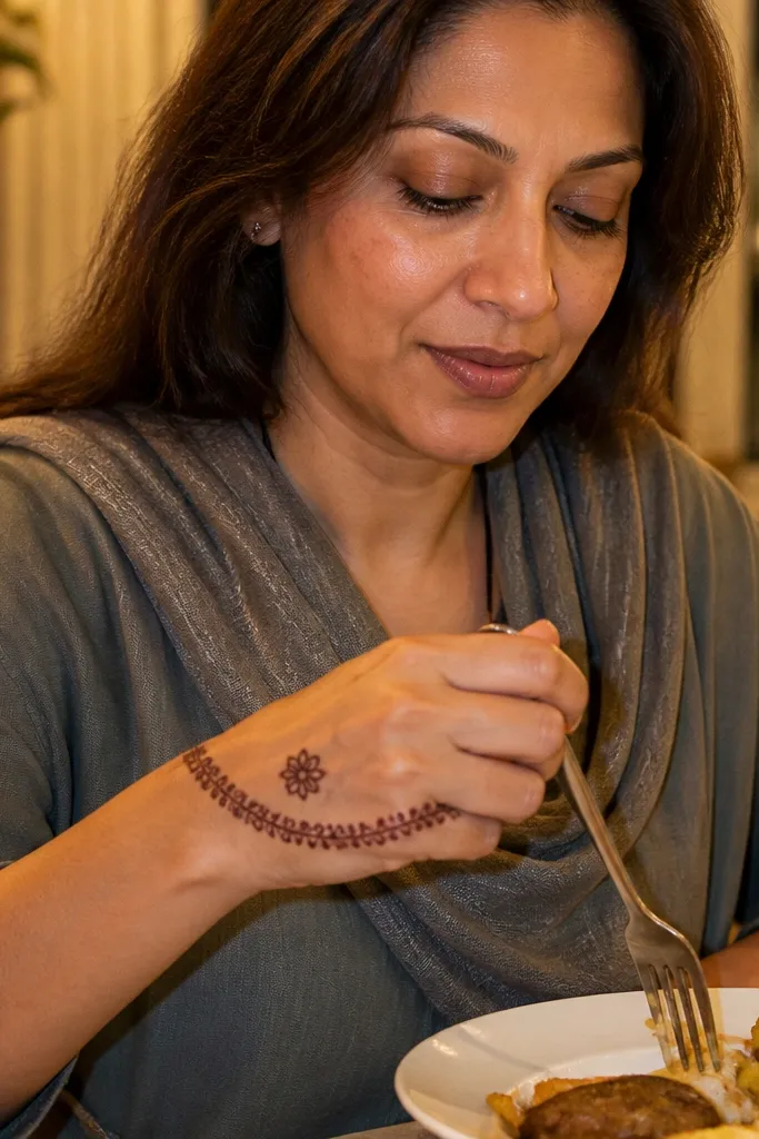 Small kamal-style flowers connected like chain links across the back hand