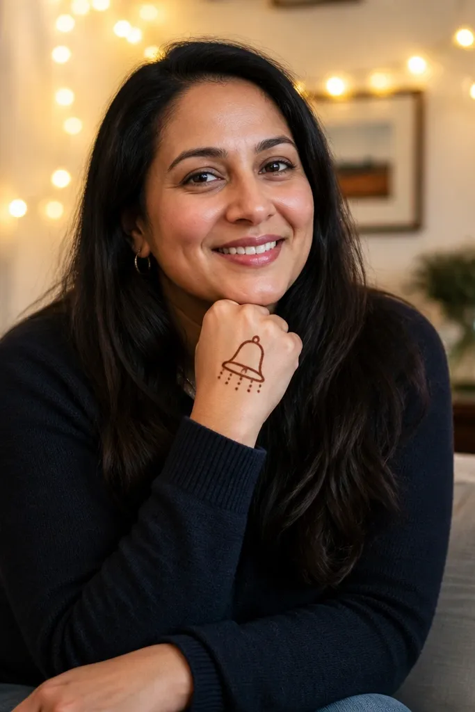 Bell outline motif with dot tassels hanging toward the wrist