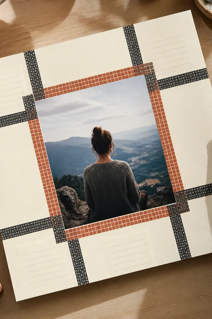 Colorful washi tape grid on a scrapbook page with one large centered