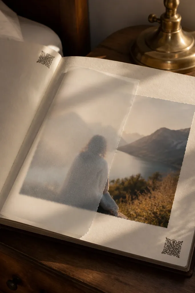 White page with a translucent vellum sheet over photos and small stamped corner symbols