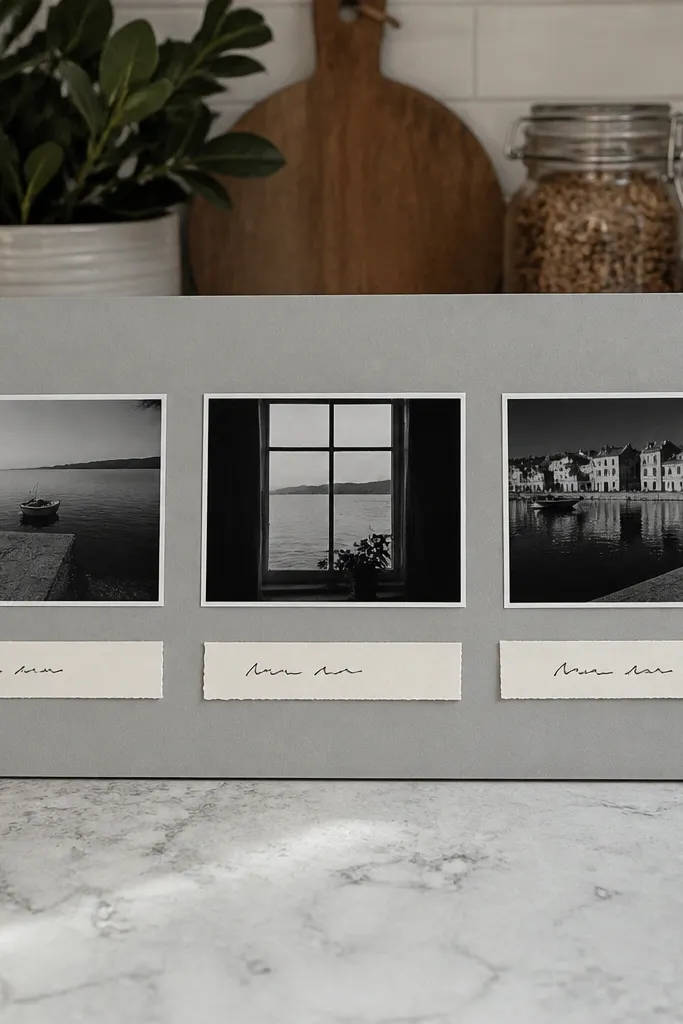 Three monochrome photos in a row with small paper caption tabs beneath