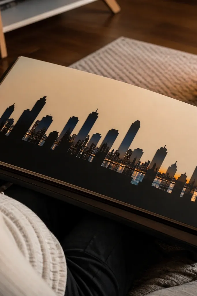 Black skyline silhouette with small window cutouts and a bright behind