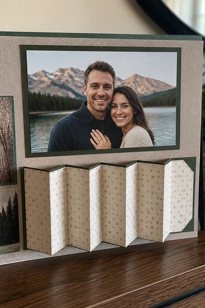 Scrapbook page with a side pocket holding a small accordion strip
