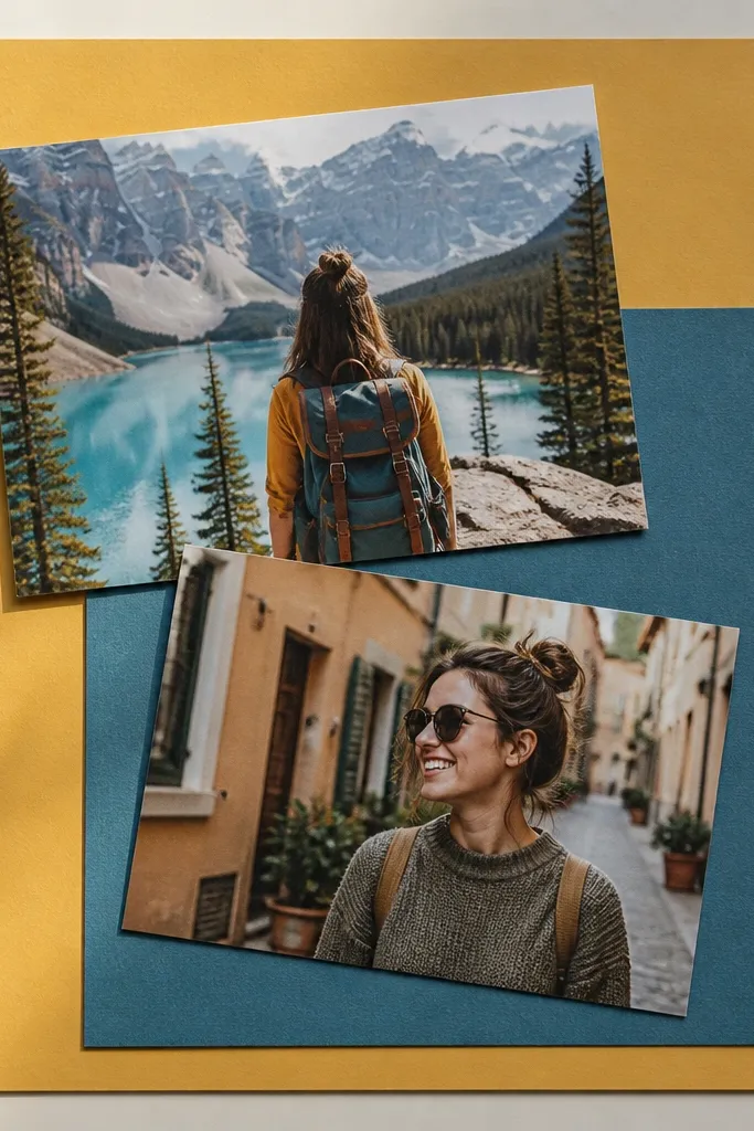 Color-block scrapbook page with two overlapping photos and sharp straight edges