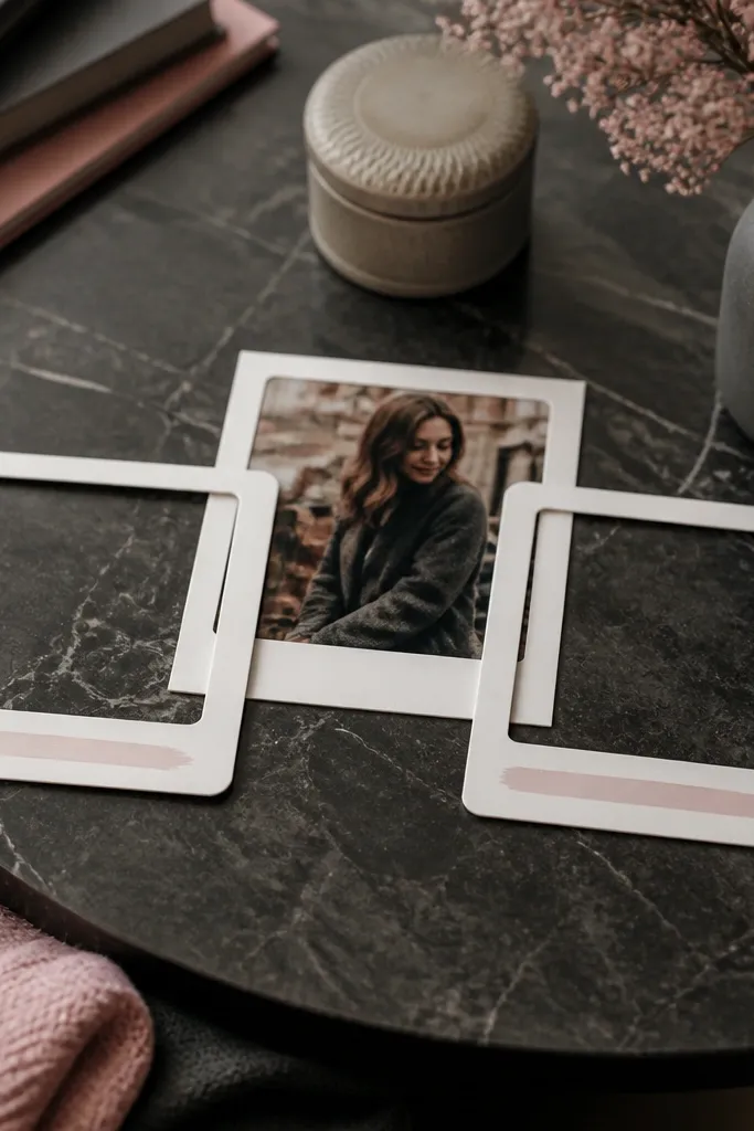 Polaroid-style frames on a scrapbook page with handwritten dates
