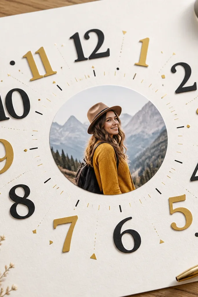 Large layered sticker numbers with a circular date theme and a behind