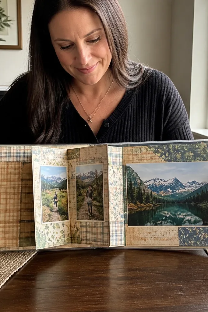 Accordion fold page inside a scrapbook with photos on alternating panels