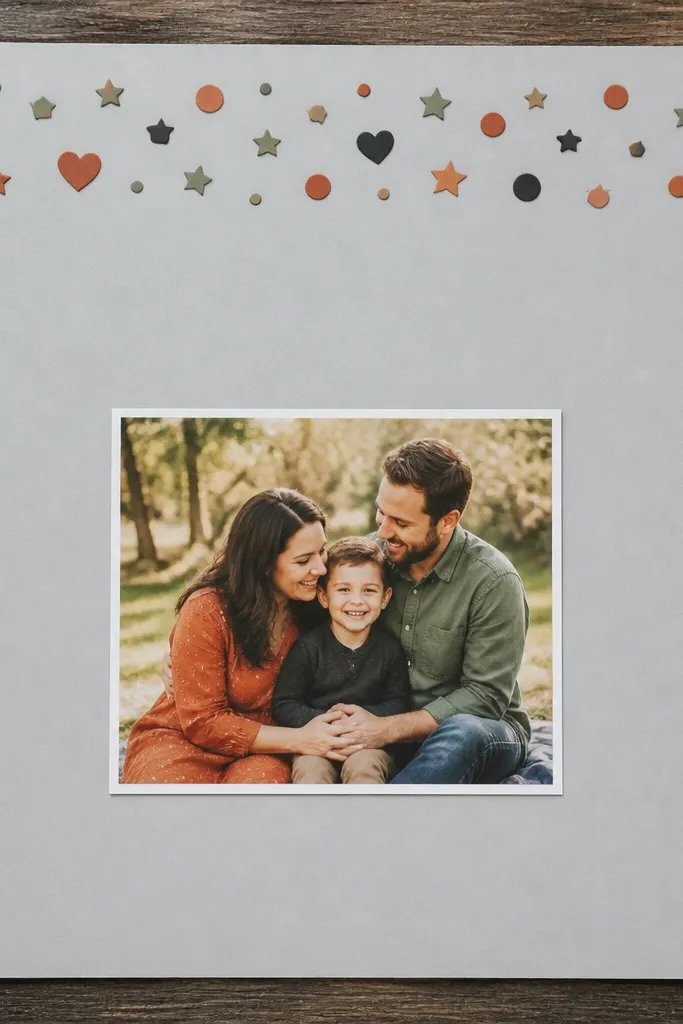 Solid background page with punched paper confetti border and a centered