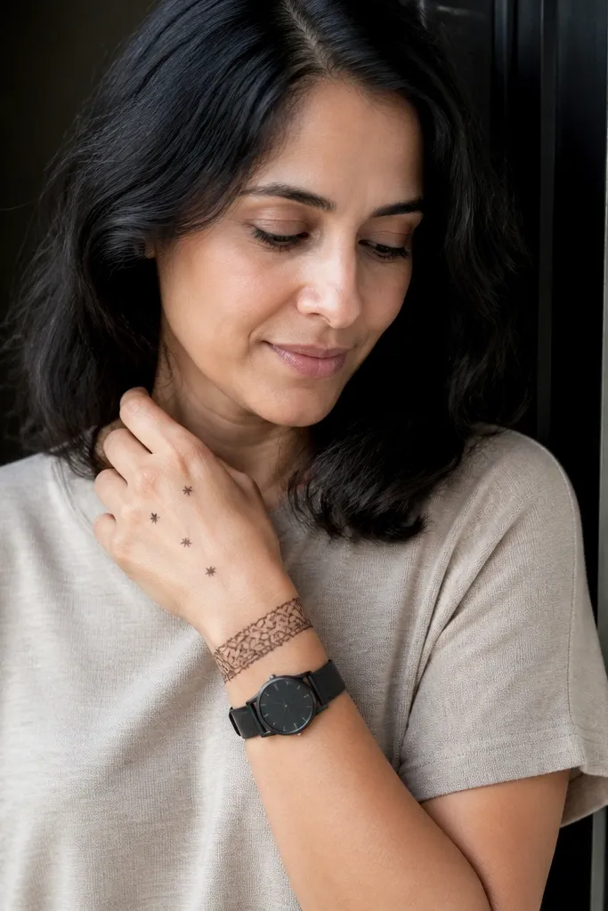 Thin wrist band with three small star shapes centered on the back of the hand