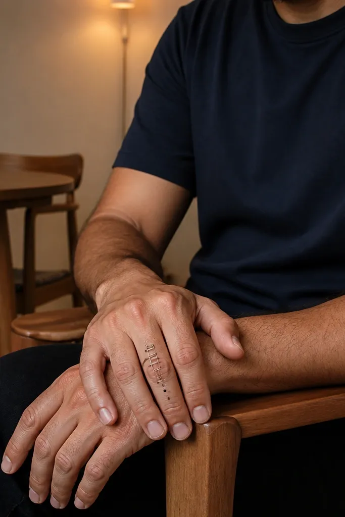 Minimal ladder lines on fingers with small dots stepping between the lines