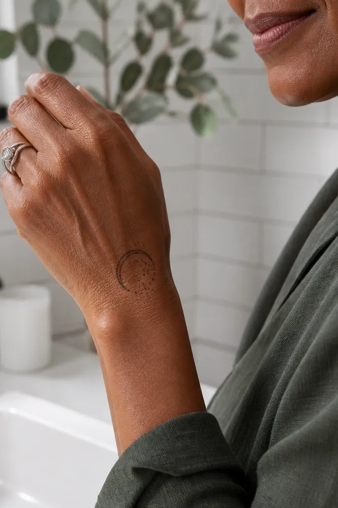 Half-moon outline on the back of the hand with tiny teardrop fills inside