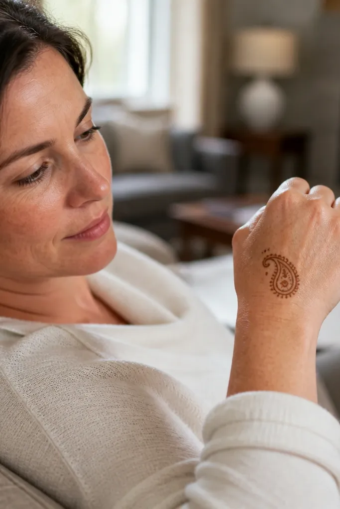 Small paisley motif at the corner of the back of the hand with dotted accents