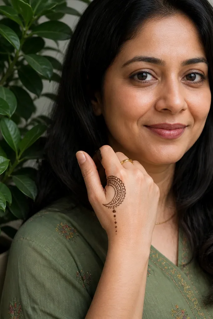 Crescent shape on the thumb base with small dots trailing downward