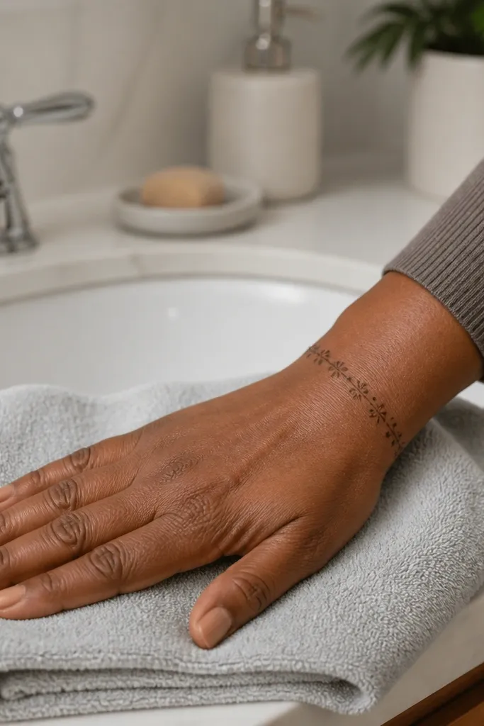 Tiny dot flowers forming a border along the backhand and wrist edge