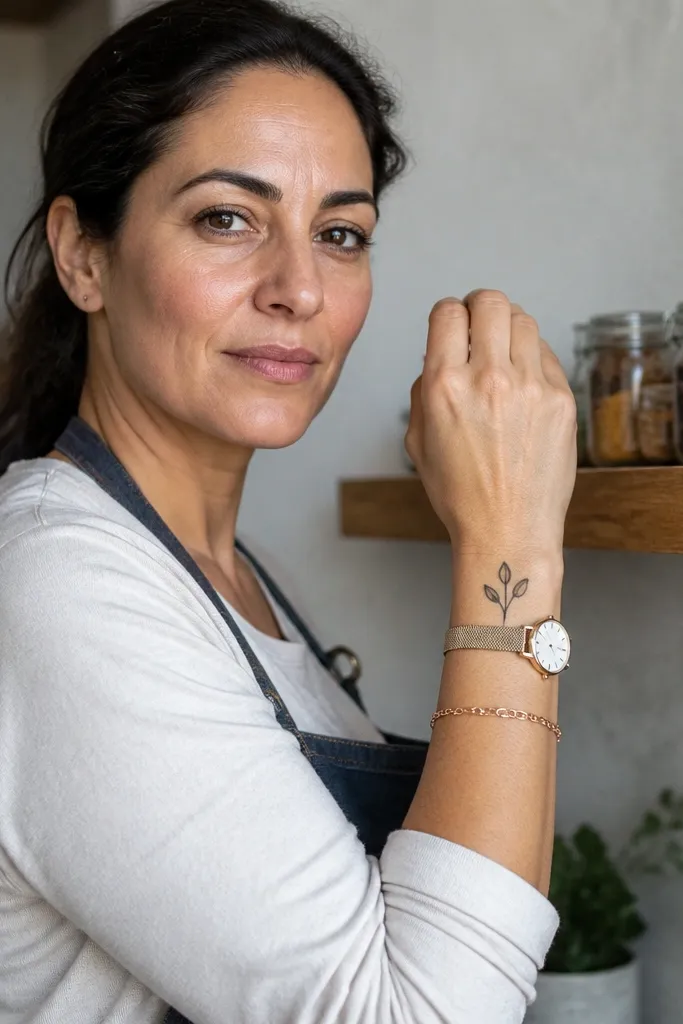 Short vine lines on the wrist with three leaf shapes pointing upward