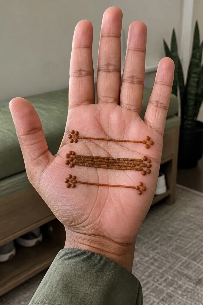Front palm with three horizontal bands and small dot corners