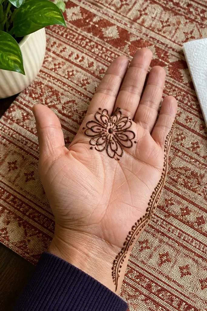 Front palm with a single outline flower at the corner and minimal border lines