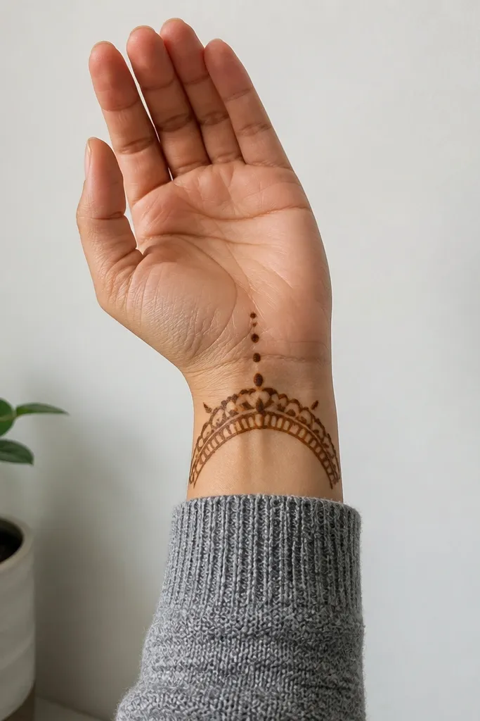 Front palm with a half-moon wrist band and a few vertical dots