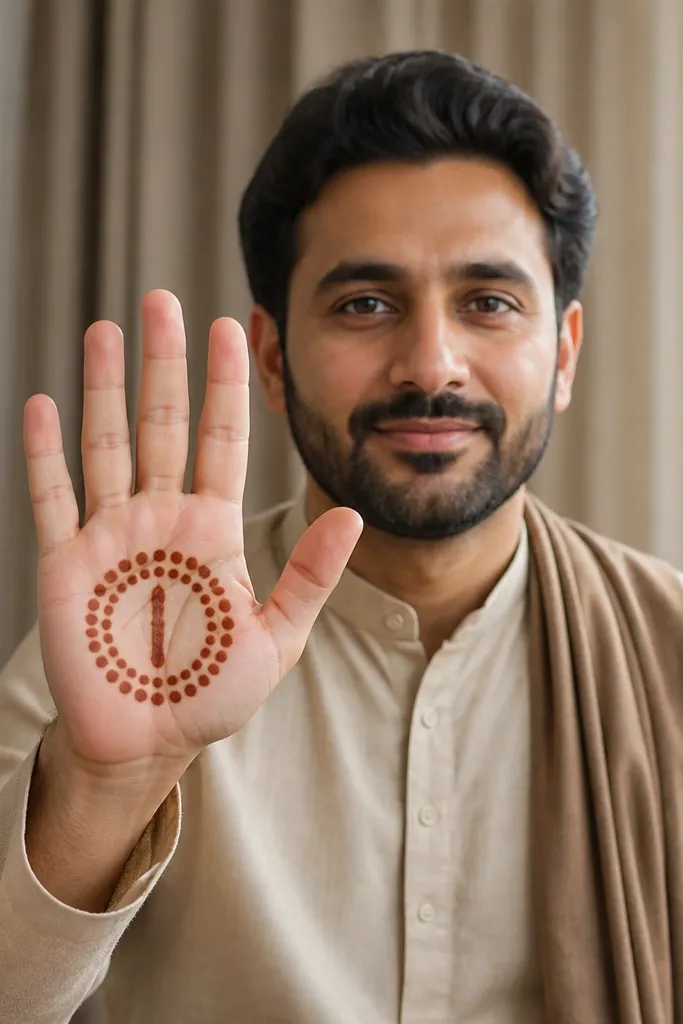 Front palm with two curved dot halos framing the center