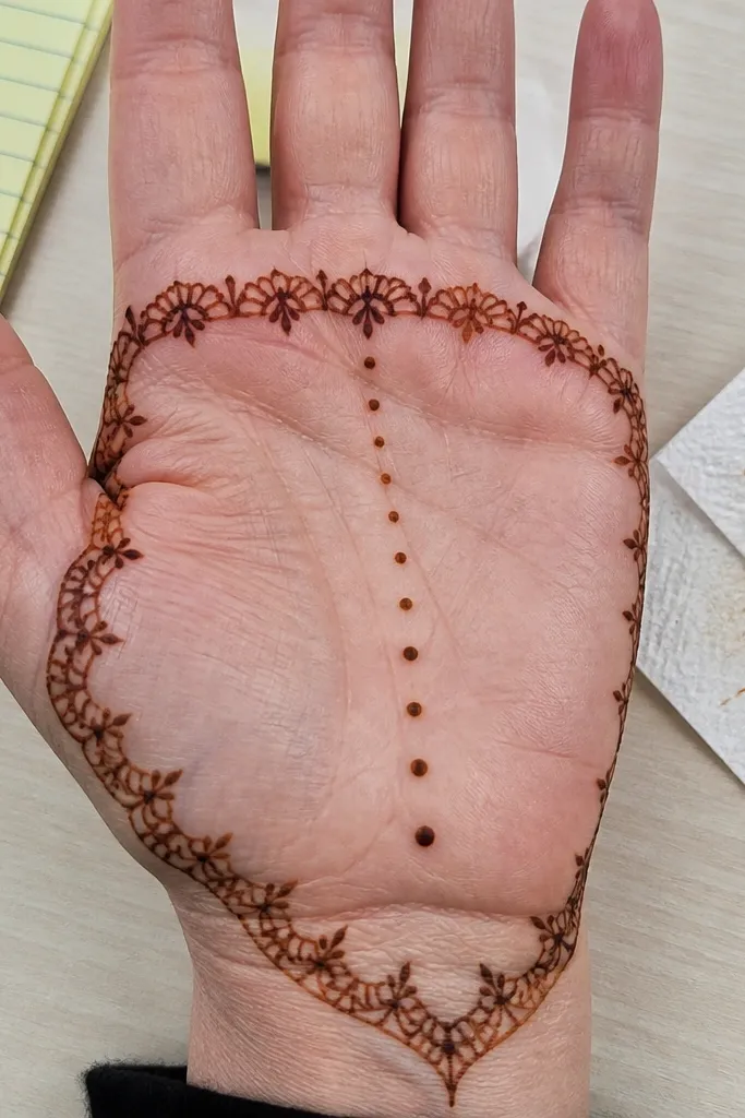 Front palm with a fringe border near finger base and a simple center dot column