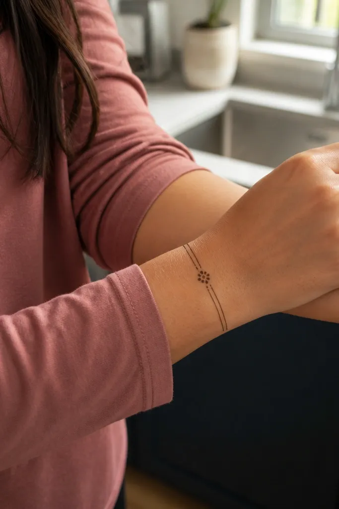 Front palm with two wrist rings and a tiny blossom dot in center