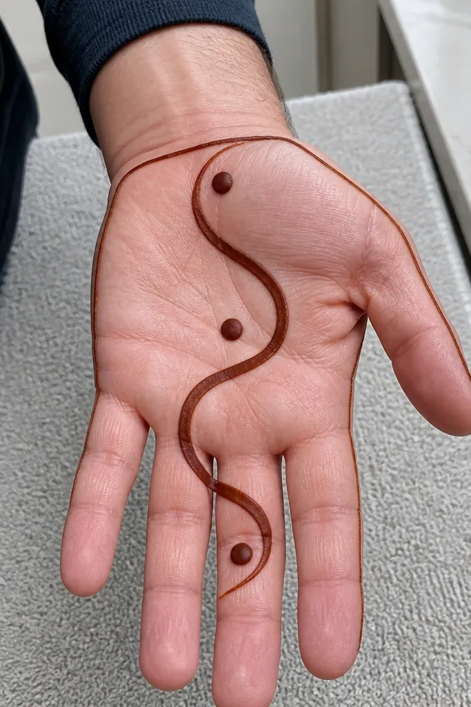 Front palm with an S-shaped ribbon line and small dots at turns