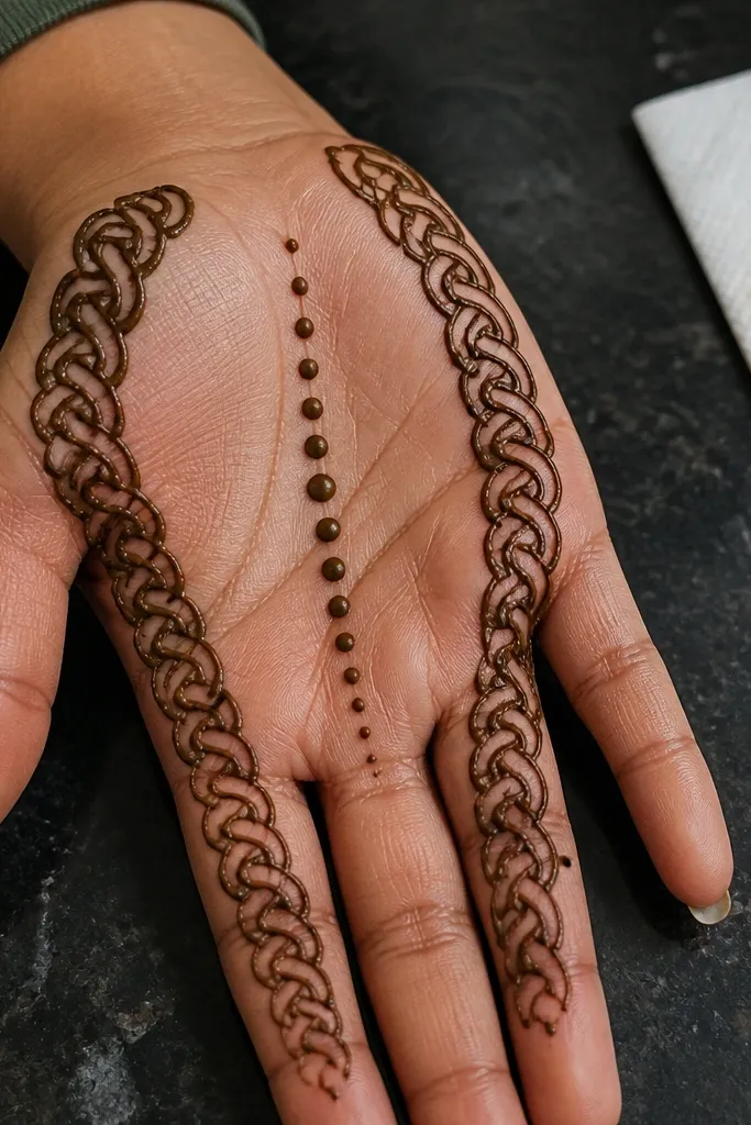 Front palm with braided-looking border and a vertical dot column in center