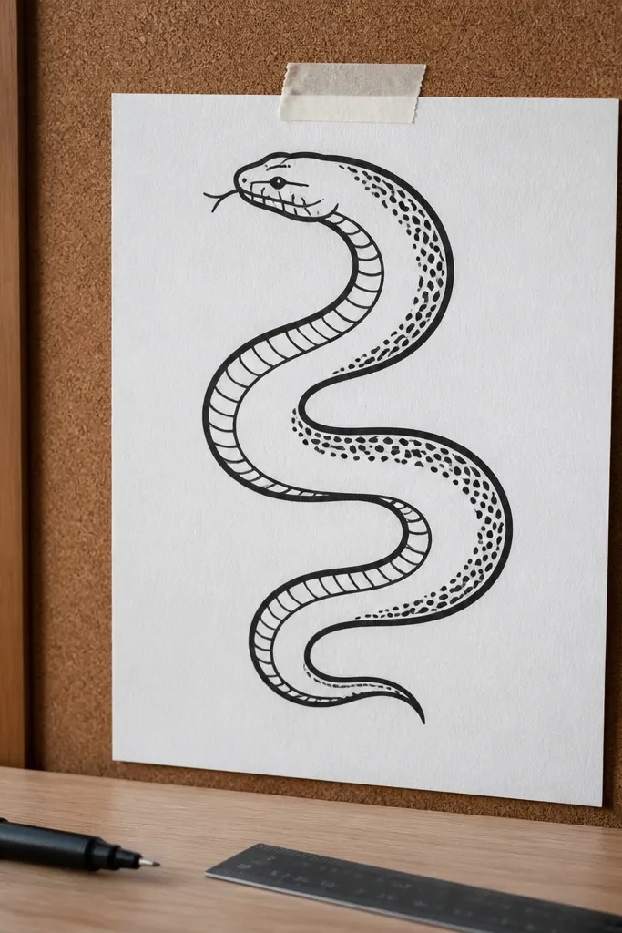 Coiled snake in an S-curve with thick black outline and dot scale border